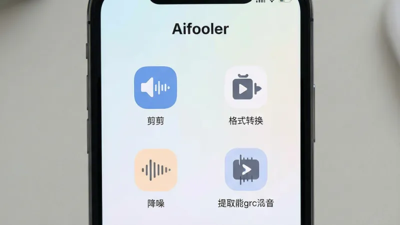 一张展示Aifooler软件主界面的手机截图风格图片,画面中央是手机屏幕,屏幕内显示Aifooler应用界面,顶部有软件名称“Aifooler”字样,界面包含音频剪辑、格式转换、降噪、提取背景音四个功能入口图标,图标排列整齐,背景为浅色渐变,风格清爽现代,细节干净,画质清晰无多余元素