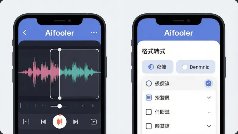 一张Aifooler软件功能展示图,画面分为左右两部分,左侧手机屏幕显示音频剪辑界面带有波形图和裁剪框,右侧手机屏幕显示格式转换界面带有格式选择列表,顶部均有“Aifooler”标识,风格扁平化设计,配色清爽,细节圆润,画质干净无多余元素