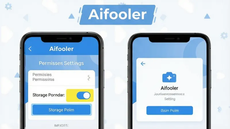 一张Aifooler软件操作指引示意图,画面为手机屏幕显示权限设置界面和音频导入界面,屏幕上方有“Aifooler”标识,界面中用高亮色块标注存储权限开关位置,风格扁平化,配色以蓝色和白色为主,细节清晰,画质干净无多余元素