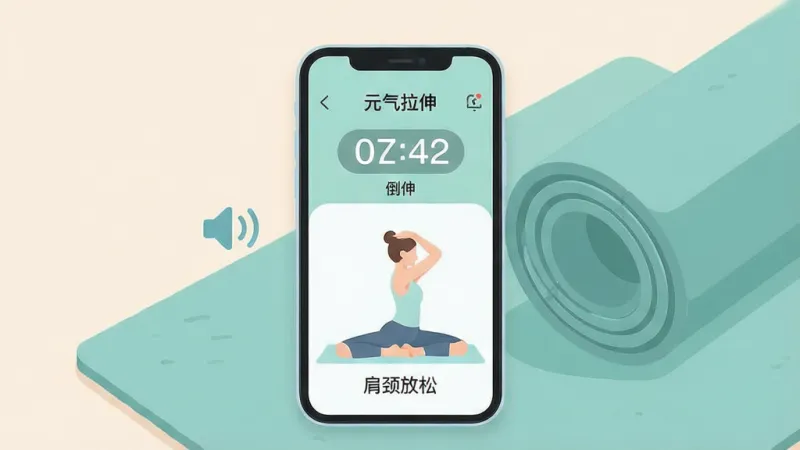一张“元气拉伸”App的语音跟练界面截图风格插画,画面中手机放在瑜伽垫旁,屏幕显示拉伸动作和倒计时,旁边有语音波纹图标,主体为手机和瑜伽垫,布局居中,排版上下结构,风格清新扁平,细节包含倒计时数字和动作名称文字“肩颈放松”,画质干净柔和,无多余元素