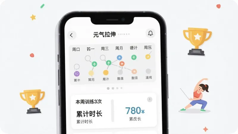 一张“元气拉伸”App训练记录页面插画,画面展示手机屏幕上有周历打卡标记和累计时长数字,旁边配有小奖杯和拉伸小人图标,主体为手机界面,布局简洁,排版以数据卡片形式呈现,风格现代扁平,细节包含“本周训练3次”文字,画质干净清晰,无多余元素