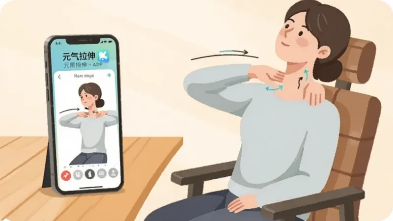 一张插画展示手机使用“元气拉伸”App做拉伸的场景,画面中人物坐在办公椅上做肩颈拉伸,手机放在桌上显示跟练界面,主体为人物和手机,布局左右分布,排版自然,风格温暖扁平,细节包含拉伸动作线条和“元气拉伸”App图标,画质干净柔和,无多余元素