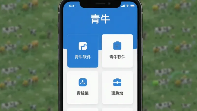 一张展示青牛软件整体界面的手机屏幕截图,画面中央是青牛APP的主页,顶部有“青牛”文字标识,界面采用蓝白配色,布局简洁,包含几个功能卡片入口,背景干净无杂乱元素,风格现代扁平化,画质清晰,无多余装饰