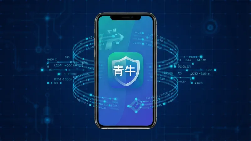一张表达手机数据本地安全处理的示意图,画面中央是一部手机,手机屏幕内显示“青牛”软件图标和一个盾牌形状的安全标识,手机周围有数据流线条在内部循环而非向外发散,背景为深蓝色科技感网格,风格简洁专业,画质干净,无多余文字