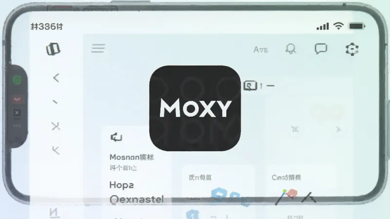 一张展示Moxy软件主界面的手机截图,画面中央是Moxy的图标和简洁的首页布局,背景为浅色渐变,风格现代清爽,画质干净无多余元素