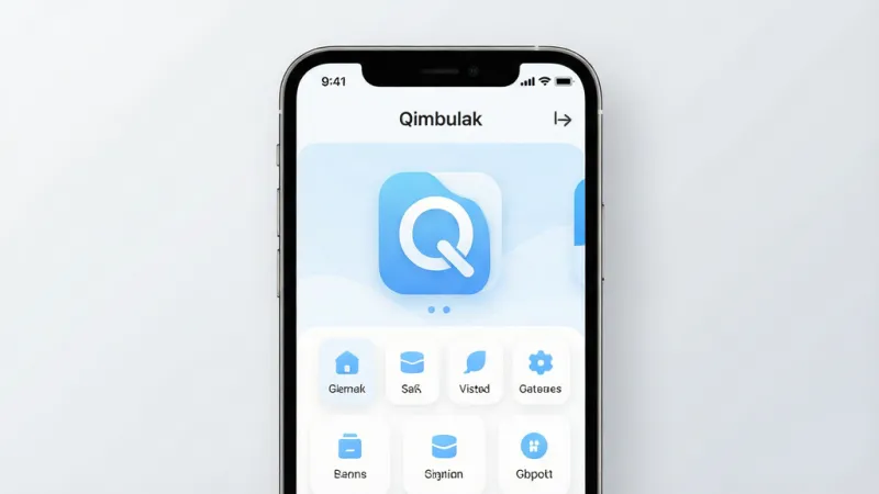 一张展示Qimbulak软件主界面的手机样机图,画面中央是Qimbulak应用图标与简洁清爽的首页布局,顶部显示软件名称“Qimbulak”,界面以白底配浅蓝点缀,功能入口排列整齐,背景为浅灰渐变,整体风格现代扁平,细节圆润,画质干净清晰,无多余元素