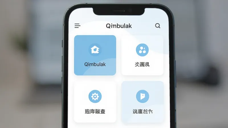 一张Qimbulak功能入口界面的特写图,画面中手机屏幕显示Qimbulak的首页,多个功能卡片整齐排列,每张卡片配有简洁图标和文字标签,界面以白色和浅蓝色为主,背景虚化处理,风格清新现代,画质干净,无多余元素