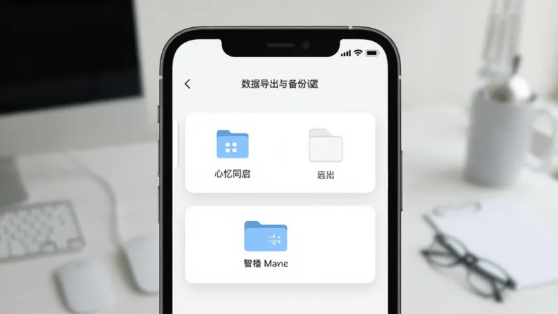 心忆同启应用的数据导出与备份设置界面,画面展示手机屏幕上的导出选项和文件管理图标,布局为居中卡片式,风格简约实用,细节清晰,画质干净无杂乱元素