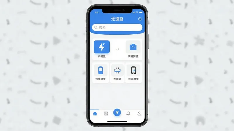 一张手机应用主界面展示图,画面中央是手机屏幕,屏幕内显示“炫速查”应用主界面,顶部有搜索框,中间是简洁的功能入口图标,底部为导航栏,整体布局清晰,风格现代扁平,蓝白配色,细节干净,画质清晰,无多余元素