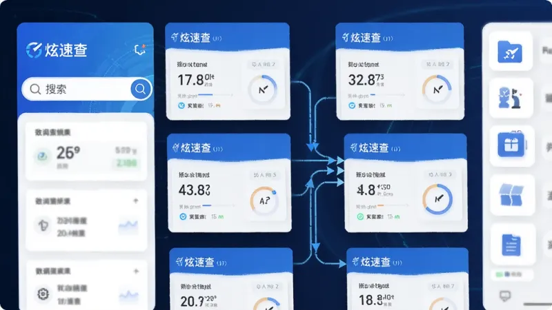 一张功能展示图,画面展示“炫速查”应用内多个查询结果卡片并列排布,左侧是搜索框,右侧是分类图标,中间有数据流向箭头连接,风格简洁科技感,蓝白主色调,细节干净,画质清晰,无多余元素