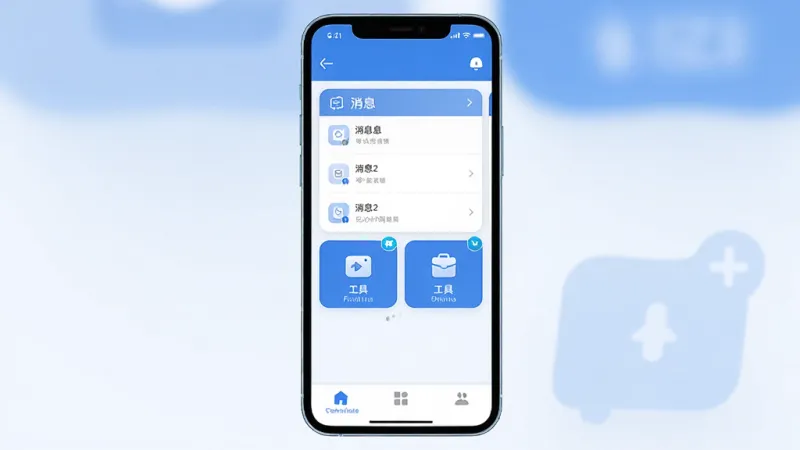 软件IIZI的主界面全貌展示,手机屏幕竖版构图,顶部状态栏简洁,中部为功能模块卡片式布局,包含消息列表与工具入口,底部为三个导航标签,整体采用蓝白配色,扁平化设计风格,图标圆润清晰,画质干净明亮,无多余装饰元素