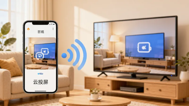 一款名为“云投屏”的手机应用主界面,画面中央是一部手机和一台电视之间用无线信号连接,手机屏幕镜像到电视大屏上,背景是温馨的客厅环境,整体布局简洁明了,风格现代扁平化,细节圆润干净,画质清晰明亮,无多余元素