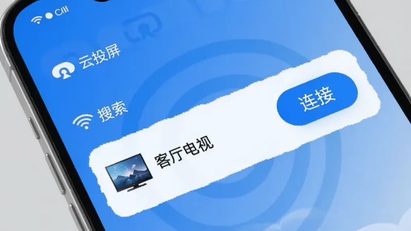 手机屏幕显示“云投屏”应用正在搜索附近设备,列表中出现客厅电视的名称,旁边有一个醒目的连接按钮,画面风格清爽简约,蓝白色调为主,突出无线连接的概念,画质干净无杂乱元素