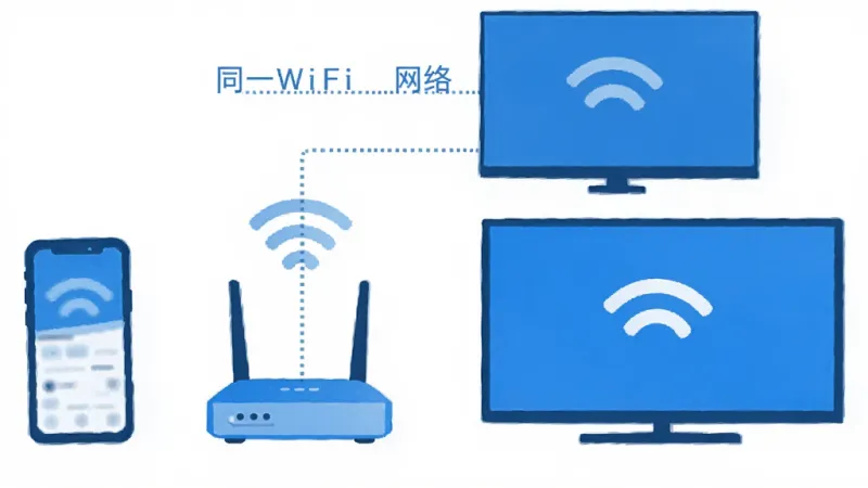 手机和电视通过WiFi连接投屏的示意图,画面中有路由器、手机、电视三个元素,用虚线表示信号传输路径,旁边标注“同一WiFi网络”字样,风格简洁信息图,蓝白色调,画质干净清晰
