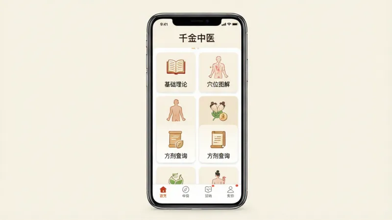 一张展示“千金中医”手机应用主界面的图片,画面中央是一部竖屏手机,屏幕上显示应用首页,顶部有“千金中医”字样,中间是中医知识分类卡片,包括“基础理论”“穴位图解”“方剂查询”等图标,底部是导航栏,背景为淡雅的米白色,风格简洁清爽,细节干净,画质高清,无多余元素