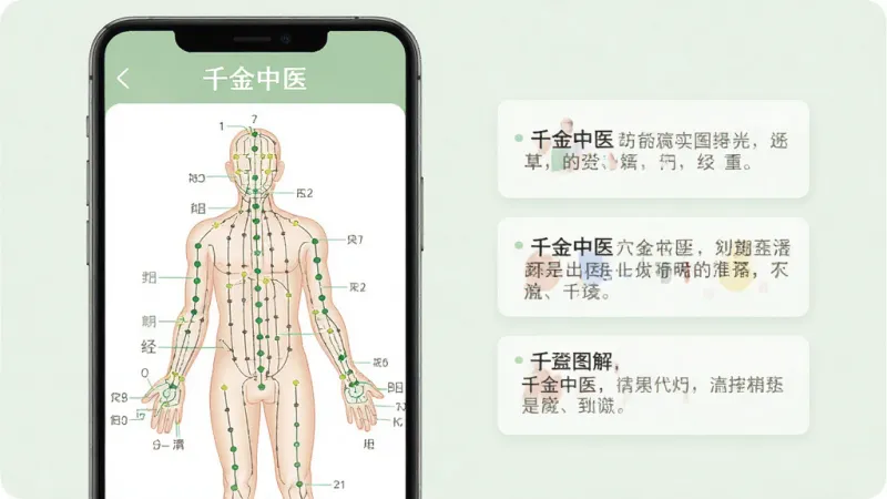 一张展示“千金中医”应用内穴位图解页面的图片,画面中手机屏幕显示人体经络示意图,标注了多个穴位点位,旁边有文字说明框,界面色调柔和,以浅绿色和白色为主,风格专业且易读,细节清晰,画质干净