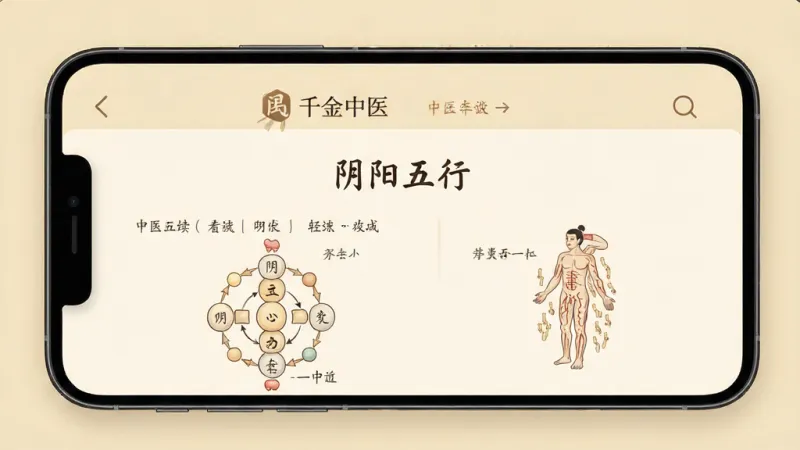 一张展示“千金中医”应用内中医理论阅读页面的图片,手机屏幕显示“阴阳五行”章节内容,文字排版疏朗,配有简单的示意图,背景为米黄色护眼色调,风格温和,细节干净,画质清晰