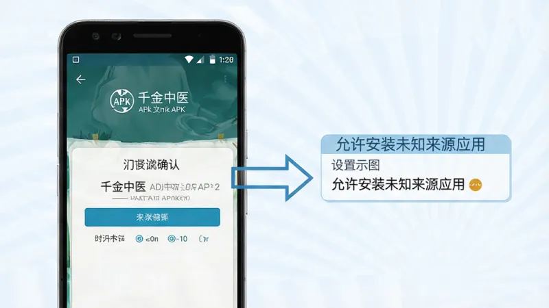 一张展示安卓手机安装“千金中医”APK文件的步骤示意图,画面中手机屏幕显示安装确认界面,旁边有箭头标注“允许安装未知来源应用”的设置路径,风格简洁明了,色调为蓝白色,细节清晰,画质干净