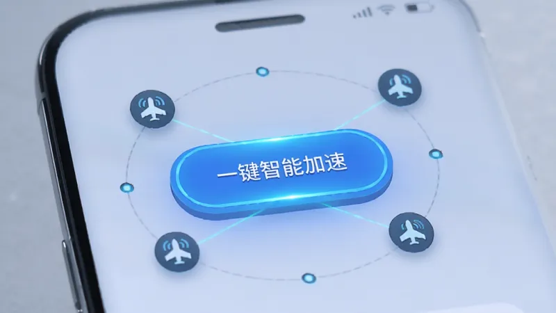 起飞云游 手机屏幕显示一键智能加速界面 蓝色光效 简洁科技风格 居中大按钮 周围环绕网络节点图标 干净无多余元素