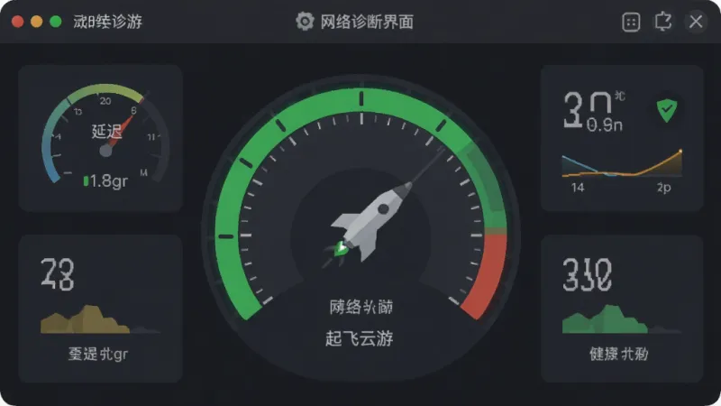 起飞云游 网络诊断界面 仪表盘样式 显示延迟丢包率 绿色健康状态 深色背景 扁平化设计 清晰易读