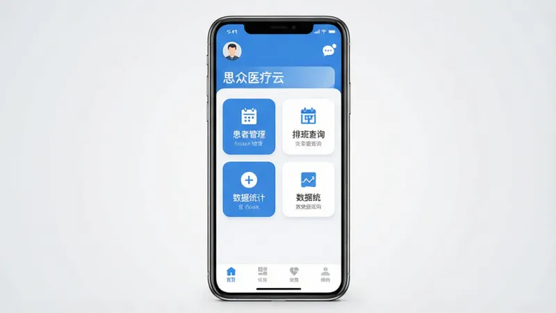 一张展示思众医疗云手机应用主界面的图片,画面中央是一部竖屏智能手机,屏幕上显示着思众医疗云的蓝白色调界面,顶部有用户头像和消息图标,中间区域排列着患者管理、排班查询、数据统计等几个圆角功能卡片,底部是导航栏,整体背景为干净的浅灰色渐变,风格现代简约,画质清晰,无多余元素