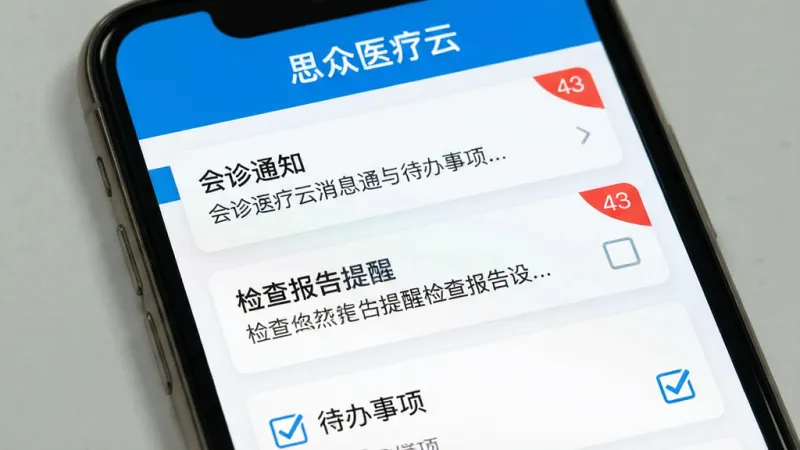 一张展示思众医疗云消息通知与待办事项界面的图片,画面为手机屏幕特写,屏幕上方显示“思众医疗云”字样,中间是几条卡片式消息列表,包含会诊通知和检查报告提醒,右侧有红色角标提示未读数量,底部有待办事项勾选框,整体布局整洁,蓝白配色,画质清晰,无杂乱元素