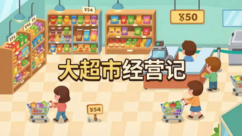 一张展示大超市经营记游戏主界面的图片,画面主体是一个卡通风格的超市内部场景,布局上分为商品陈列区、收银台和顾客通道,排版清晰明亮,风格为轻松休闲的2D扁平化插画,细节包括货架上摆满五颜六色的商品、头顶有价格标签、几个卡通顾客正在推着购物车挑选物品,画质清晰干净,无多余元素,图片中央有“大超市经营记”文字