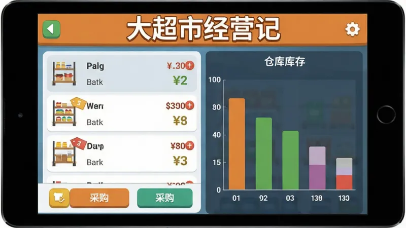 一张展示大超市经营记游戏内商品采购与库存管理界面的图片,画面主体是平板电脑屏幕上的游戏操作界面,布局左侧为商品列表和采购按钮,右侧为仓库库存条形图,排版整齐直观,风格为现代扁平化UI设计,细节包括货架图标、价格标签、库存数量提示,画质干净清晰,无多余元素,图片顶部有“大超市经营记”标题