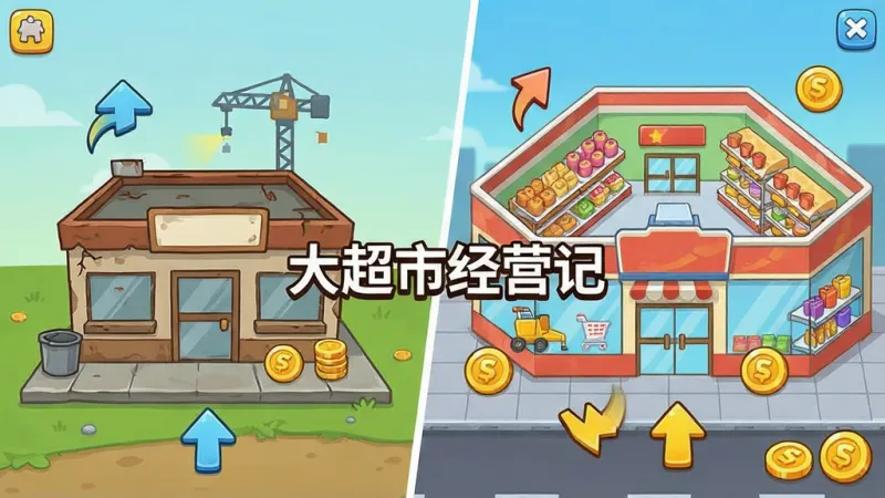 一张展示大超市经营记游戏内超市升级扩建界面的图片,画面主体是一个卡通超市从简陋小店向大型卖场演变的对比场景,布局左侧为初始小店状态,右侧为升级后的大型超市,排版呈左右对比样式,风格为明快活泼的2D插画,细节包括施工图标、升级箭头、金币符号,画质清晰干净,无多余元素,图片中间有“大超市经营记”文字