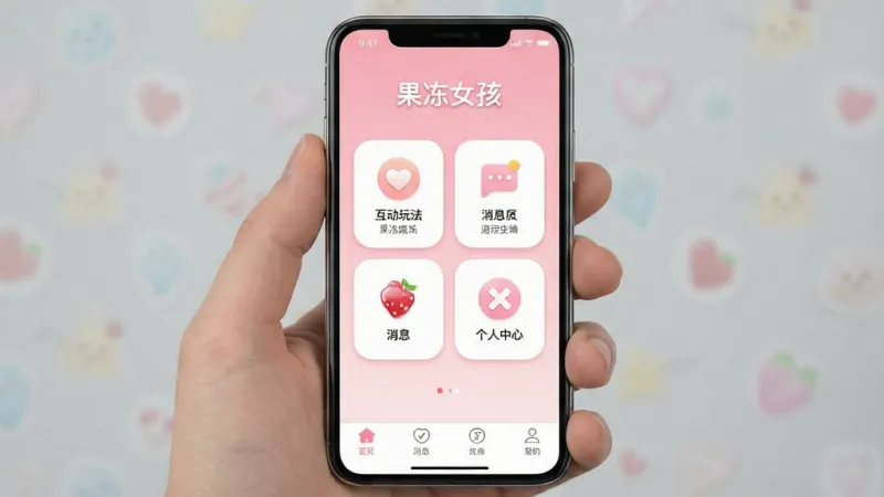 手机屏幕展示“果冻女孩”应用主界面,浅粉色渐变背景,顶部显示应用名称“果冻女孩”,中间为功能卡片式布局,包含互动玩法、消息、个人中心等入口,底部导航栏简洁清晰,整体风格清新柔和,圆角图标设计,画质干净细腻,无多余元素