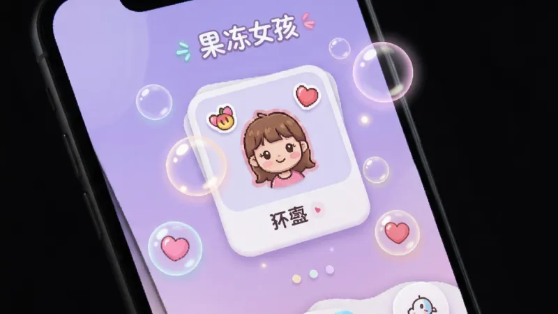 手机应用“果冻女孩”互动功能界面截图风格展示,屏幕中央为趣味互动卡片,周围点缀气泡和柔和光效,背景为淡紫色渐变,界面布局清晰,图标圆润可爱,整体画质干净明亮,无杂乱元素