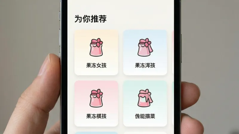 “果冻女孩”应用个性化推荐页面展示,手机屏幕中呈现分类卡片排列布局,每张卡片配有简洁图标和文字标签,背景为浅色系,顶部有“为你推荐”字样,整体风格清爽整齐,画质干净无多余装饰