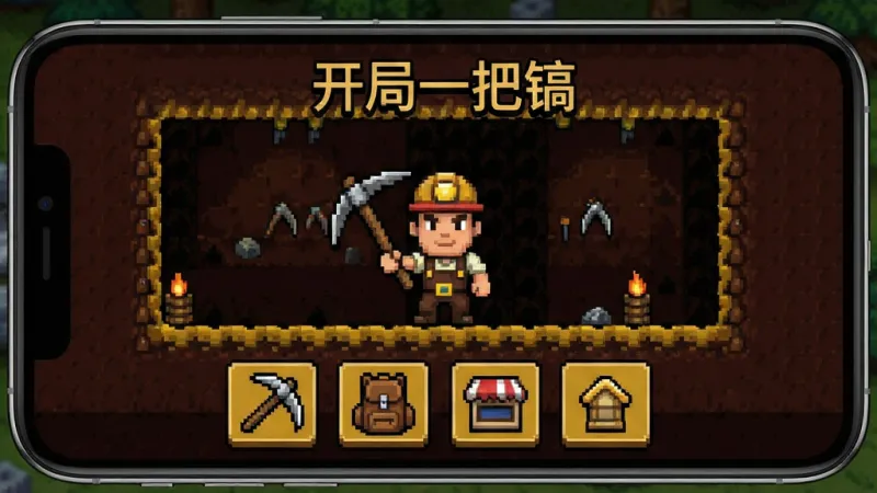 一张手机屏幕的展示图,画面中央是“开局一把镐”的游戏主界面,像素风格的地下矿洞背景,一个卡通矿工举着镐头,屏幕下方排列着镐子、背包、商店、升级等图标按钮,界面干净整洁,色彩以深棕色和土黄色为主,风格复古像素风,细节清晰,画质干净,无多余元素