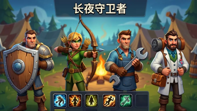 画面主体为游戏内的英雄招募界面,四名不同职业的角色并排站立从左到右依次为持盾盾卫、拉弓猎手、拿扳手工匠和背药箱医师,布局为横向排列上方显示“长夜守卫者”标题下方为技能图标栏,风格为美式卡通渲染,细节包括角色装备磨损痕迹、背景营地帐篷和篝火,画质干净清晰无多余元素