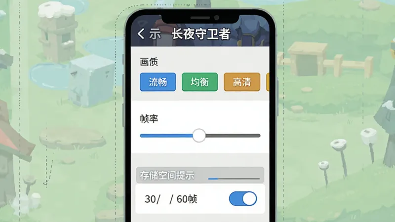 画面主体为手机屏幕上的游戏设置界面示意图,布局为竖向排列顶部显示“长夜守卫者”设置标题中间是画质选项和帧率滑块底部是存储空间提示条,风格为扁平化UI设计图,细节包括“流畅”“均衡”“高清”三个画质按钮和30/60帧切换开关,画质干净清晰无多余元素