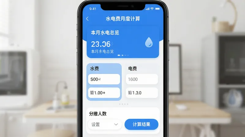 一张展示手机应用界面的图片,画面中央是一部手机,屏幕显示“水电费月度计算”应用主界面,顶部是本月水电总览卡片,中间是水费和电费分项输入框,底部是分摊人数设置和计算结果按钮,整体布局清晰,蓝白配色,风格现代扁平,细节圆润,画质干净无多余元素