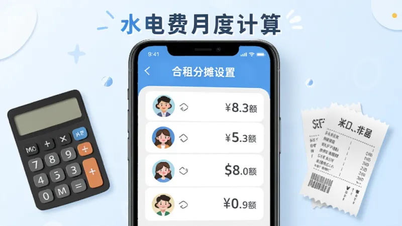 一张展示“水电费月度计算”合租分摊功能的图片,画面中手机屏幕显示分摊设置界面,有几个人物头像图标和对应的金额分配结果,旁边有计算器和小票元素点缀,整体风格轻松明快,蓝白色调,布局简洁,画质干净