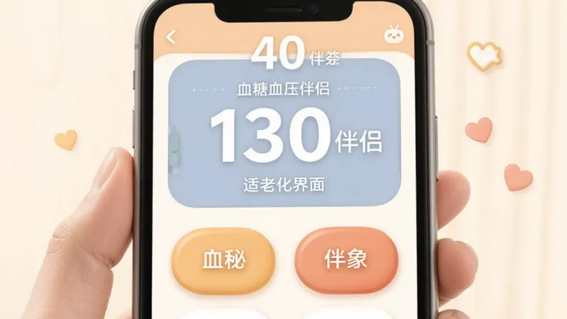 血糖血压伴侣适老化界面展示,主体为手机屏幕,屏幕上显示血糖血压伴侣的大字体记录页面,按钮尺寸大而醒目,文字清晰易读,布局宽松不拥挤,风格温暖友好,配色柔和,细节圆润,画质干净,无多余元素