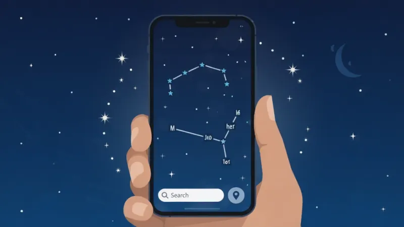 美基星图 手机屏幕显示实时星空地图,深蓝色夜空背景,屏幕中央是北斗七星和猎户座连线,界面底部有搜索框和定位按钮,手机周围有星星点点的光晕,扁平化插画风格,细节干净,画质清晰,无多余元素