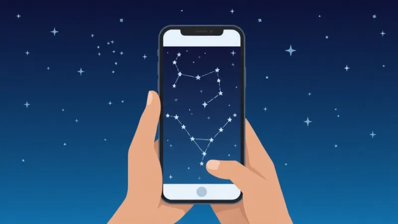 美基星图 手机举向夜空,屏幕中的星图与真实天空的星星位置重合,画面里有北斗七星和仙后座,深蓝渐变背景,扁平插画风格,布局简洁,细节清晰,画质干净,无多余元素