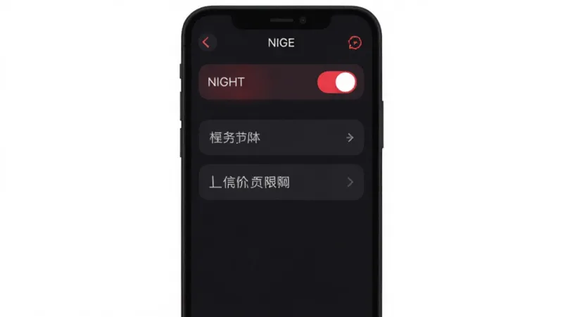 美基星图 手机设置界面截图风格插画,显示夜间红光模式开关和定位权限选项,深色背景配红色高亮元素,布局清晰,扁平化设计,画质干净,无多余元素