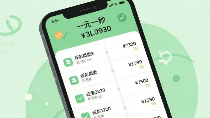 一张手机收益明细页面插画，屏幕显示收入列表和时间轴布局，每笔收入旁边标注任务类型和金额，顶部有