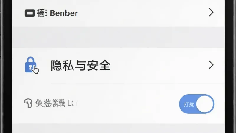 BenBen隐私设置界面示意图，手机屏幕展示设置菜单中的“隐私与安全”选项被高亮，旁边有手势密码锁图标和免打扰开关按钮，界面元素简洁，图标风格扁平，背景为浅灰色，文字标签清晰可读，画质干净利落，无冗余图形
