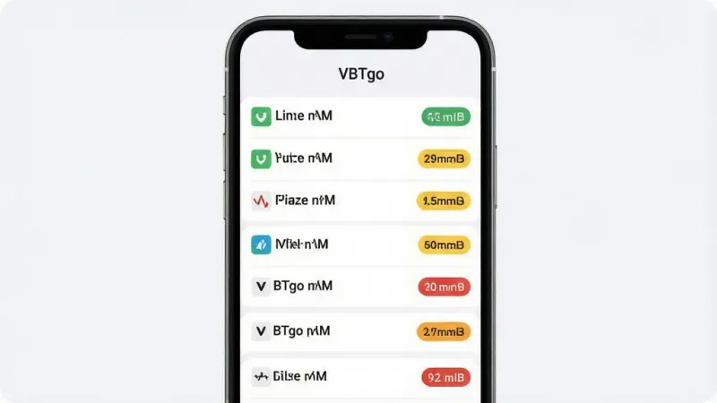 一张展示VBTgo节点列表界面的图片,画面中手机屏幕显示多条线路名称和对应的延迟毫秒数值,绿色黄色红色标签清晰可见,界面风格简洁现代,背景为浅灰白色,顶部有“VBTgo”字样,整体排版整齐,画质干净无多余元素