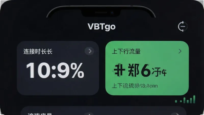 一张展示VBTgo流量统计面板的图片,手机屏幕显示连接时长和上下行流量数字卡片,背景为深色模式界面,顶部有“VBTgo”标识,卡片圆角设计,数字清晰醒目,整体风格现代简洁,画质干净无多余元素
