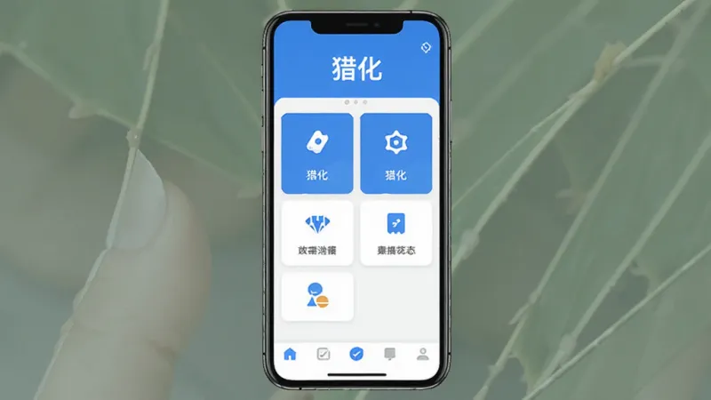 手机屏幕竖版构图,正中央展示一款名为“猎化”的工具类应用主界面,界面顶部有“猎化”文字标识,中间是功能入口卡片布局,底部为导航栏,整体风格简洁现代,蓝白配色,扁平化设计,细节干净,画质清晰,无多余元素