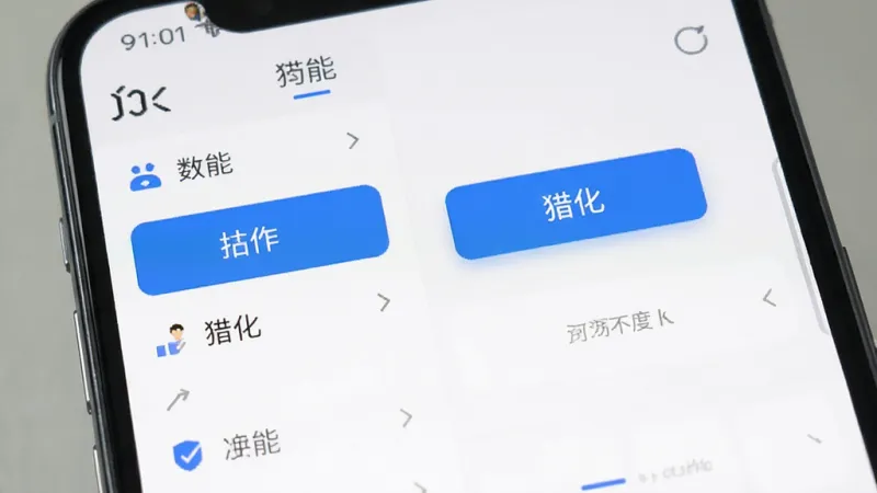 手机应用界面特写,画面中展示“猎化”应用的功能模块布局,左侧为功能列表,右侧为主操作区域,界面以浅色背景搭配蓝色高亮按钮,文字标签清晰可见,风格简洁清爽,画质干净,无多余装饰元素