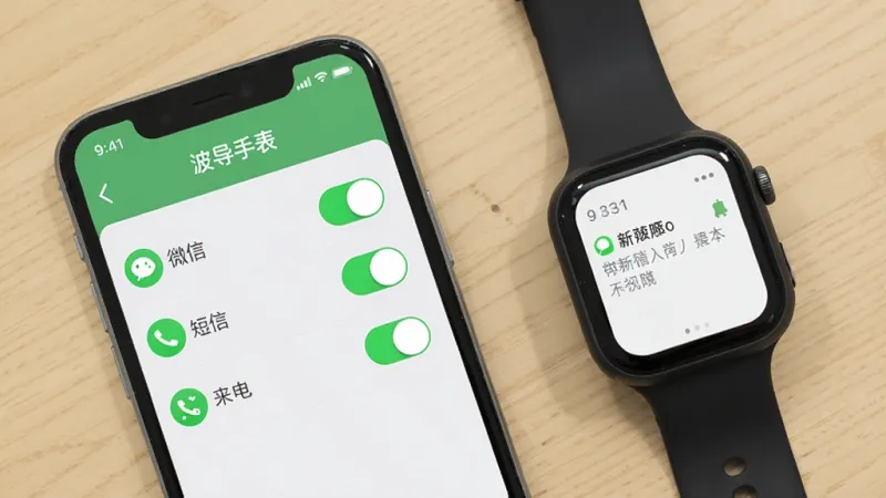 一部手机放在桌面上,屏幕显示“波导手表”App的消息推送设置界面,列表中有微信、短信、来电等开关选项,旁边一块智能手表屏幕亮起显示一条新消息提醒,布局简洁明了,风格清爽扁平,细节上开关按钮有绿色高亮,画质干净,背景为浅色木质桌面,无杂乱物品