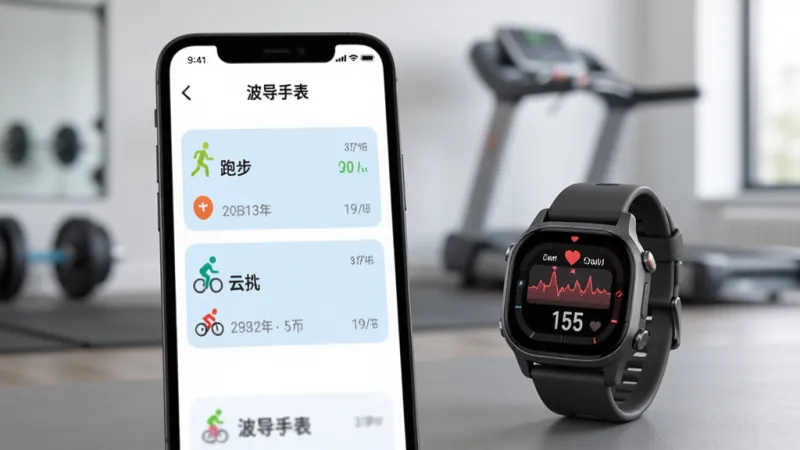 手机屏幕显示“波导手表”App的运动记录页面,列表中有跑步和骑行条目,每条记录旁有小图标和日期,手机旁边放着一块手表显示运动中的心率数值,整体布局为上下滚动列表样式,风格运动简约,细节上数据卡片有淡蓝色底色,画质干净,背景为室内健身环境虚化,无多余元素