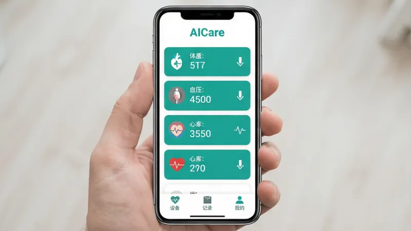 一张手机屏幕展示健康管理应用主界面,顶部显示“AICare”字样,中间是体重、血压、心率等数据卡片纵向排列,底部有设备、记录、我的三个标签,配色为白底配青绿色点缀,界面干净整洁,扁平化设计风格,画质清晰无多余元素